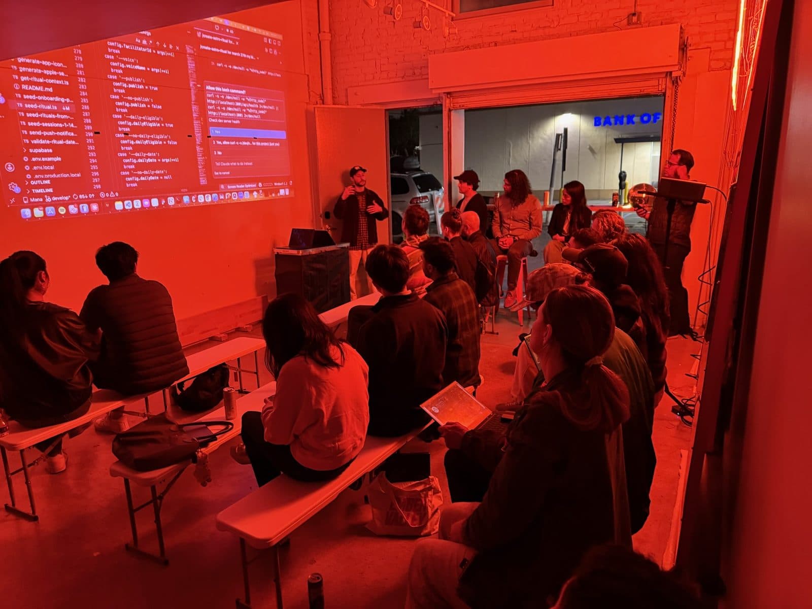 A MANA workshop in Los Angeles: a live coding session projected for a seated audience